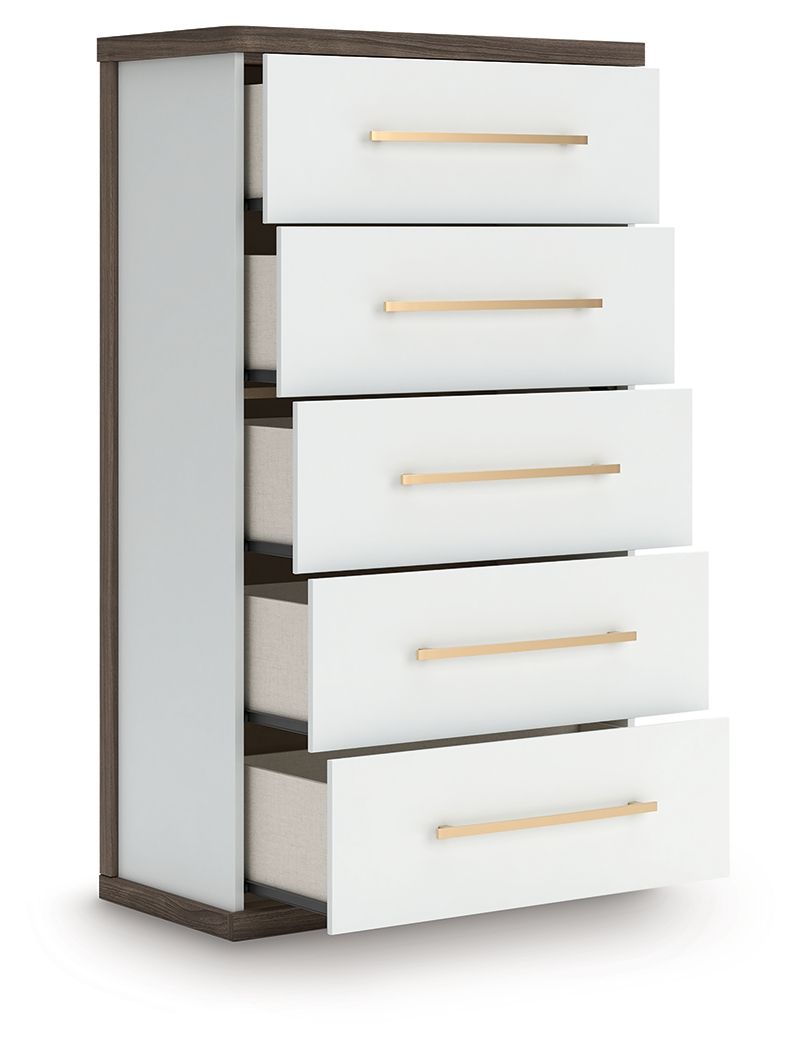 Brown and white five-drawer chest with drawers partially extended, wood bar handles
