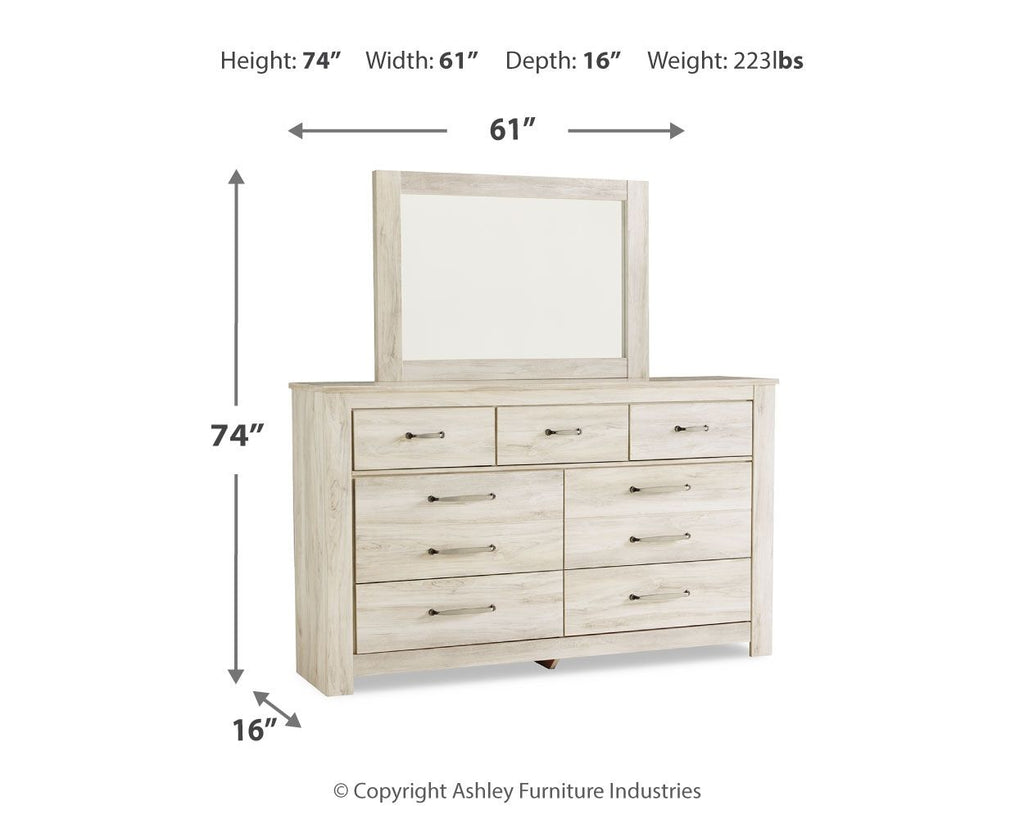 Light beige dresser with mirror and nine drawers; size diagram on white background