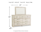 Light beige dresser with mirror and nine drawers; size diagram on white background
