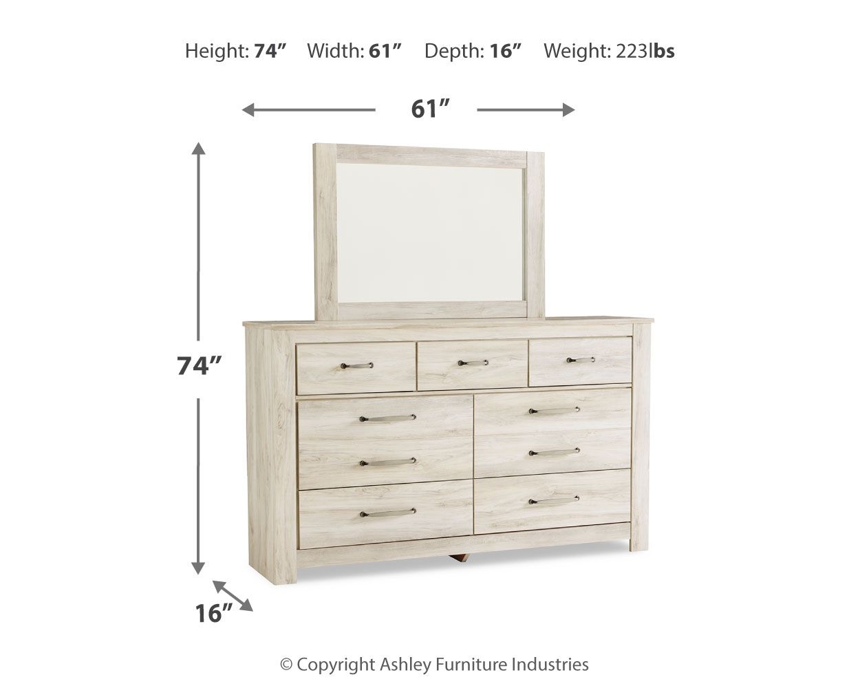 Light beige dresser with mirror and nine drawers; size diagram on white background