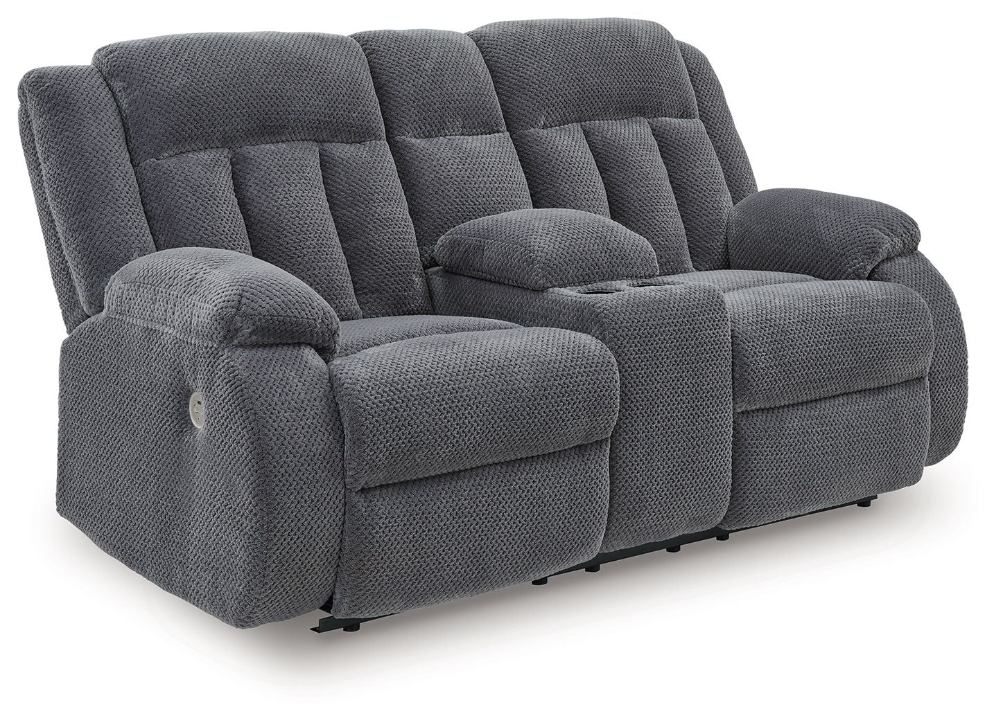 Dark gray double reclining loveseat with center console and cushioned armrests