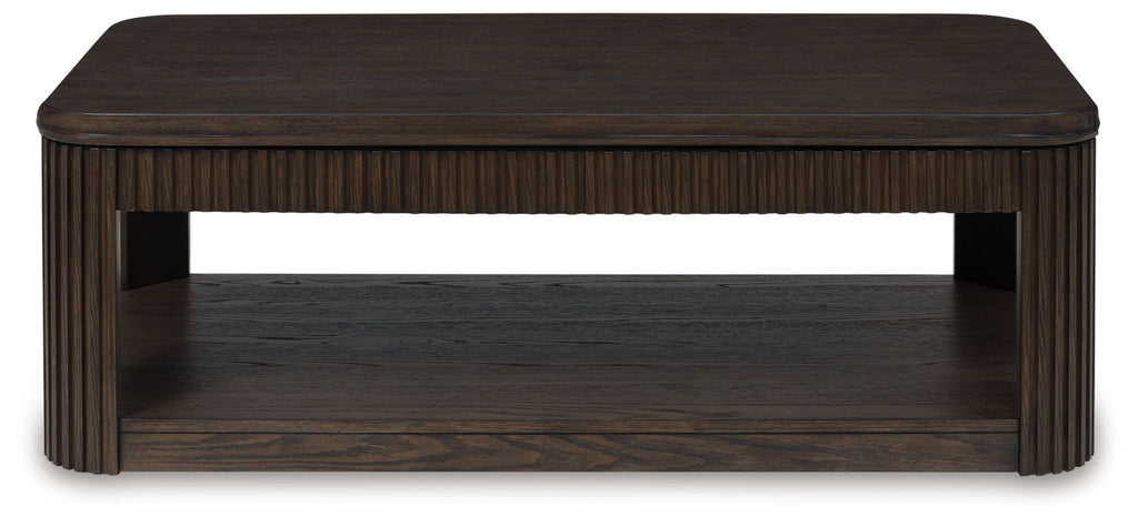 Dark brown rectangular table with slatted trim and open lower shelf, smooth top surface.