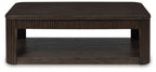 Dark brown rectangular table with slatted trim and open lower shelf, smooth top surface.