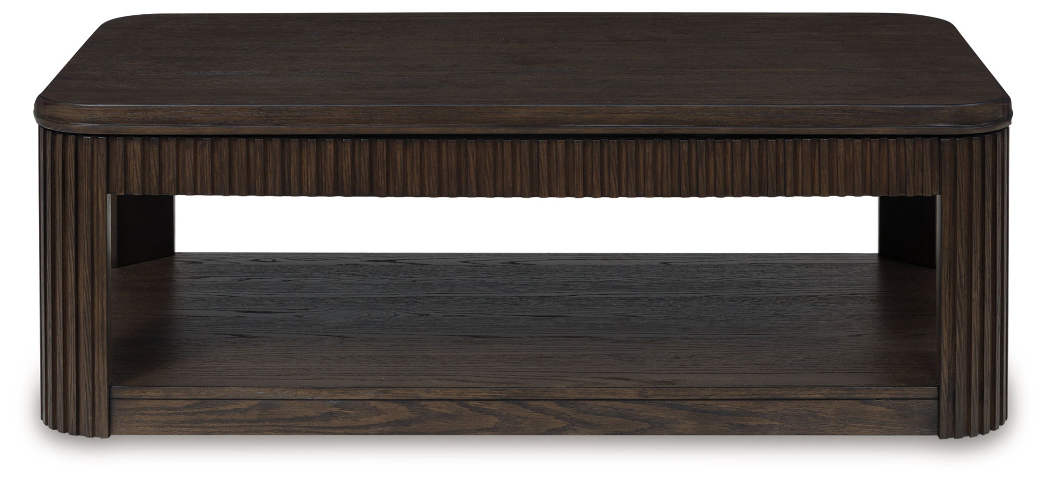 Dark brown rectangular table with slatted trim and open lower shelf, smooth top surface.