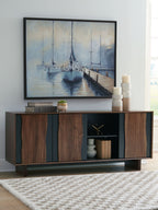 Brown and charcoal accent cabinet with side doors and central open cubby