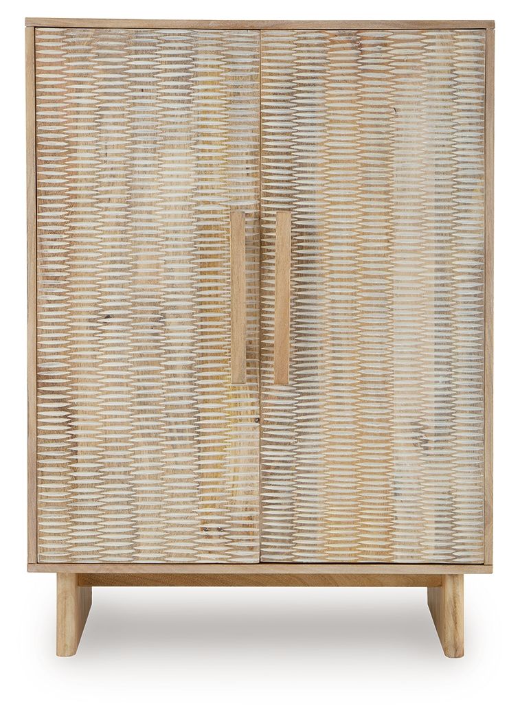 Natural accent cabinet with two woven rattan doors and brass-tone vertical handles
