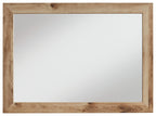Rectangular bedroom mirror with tan brown wood frame and smooth glass