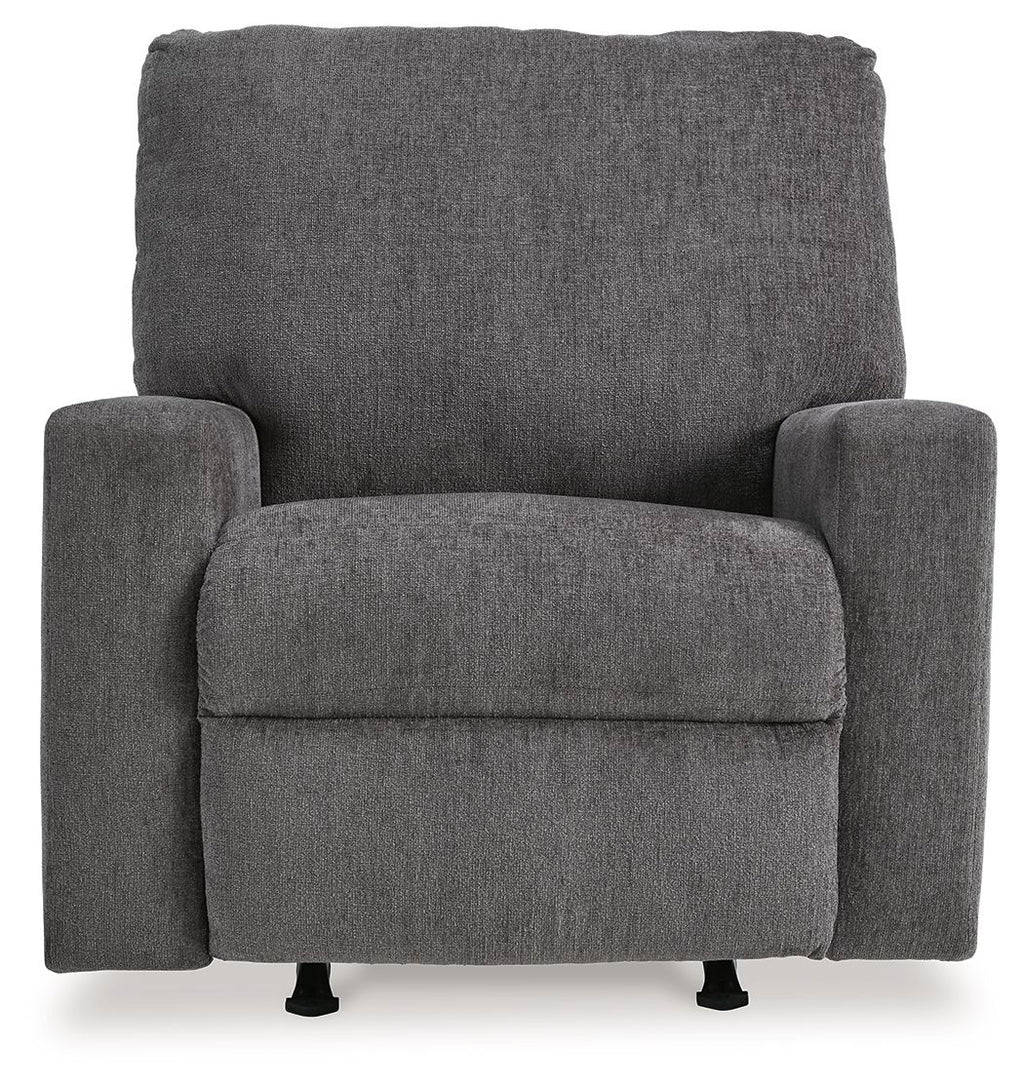 Pewter fabric rocker recliner chair with wide seat, tall backrest, and rounded arms