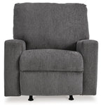 Pewter fabric rocker recliner chair with wide seat, tall backrest, and rounded arms