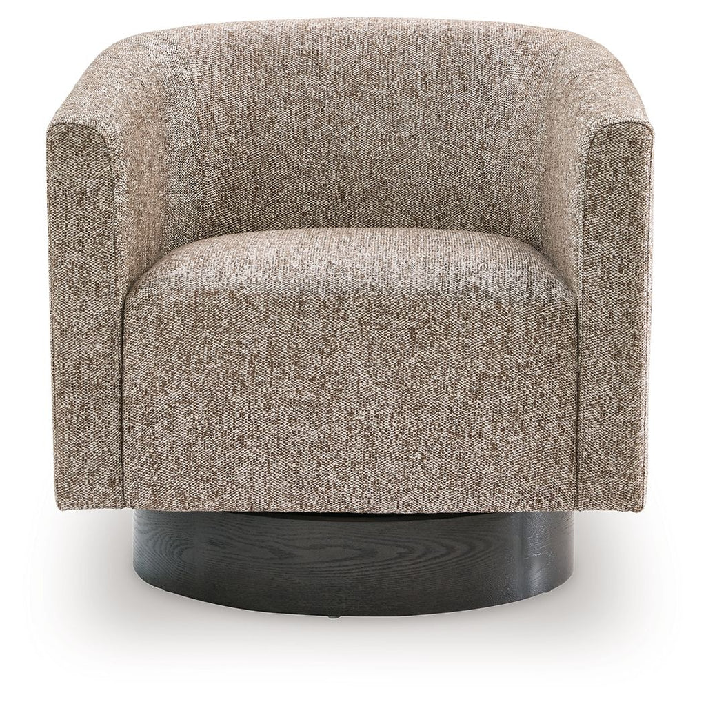 Gray upholstered swivel accent chair with rounded arms, front view, black circular base