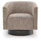 Gray upholstered swivel accent chair with rounded arms, front view, black circular base