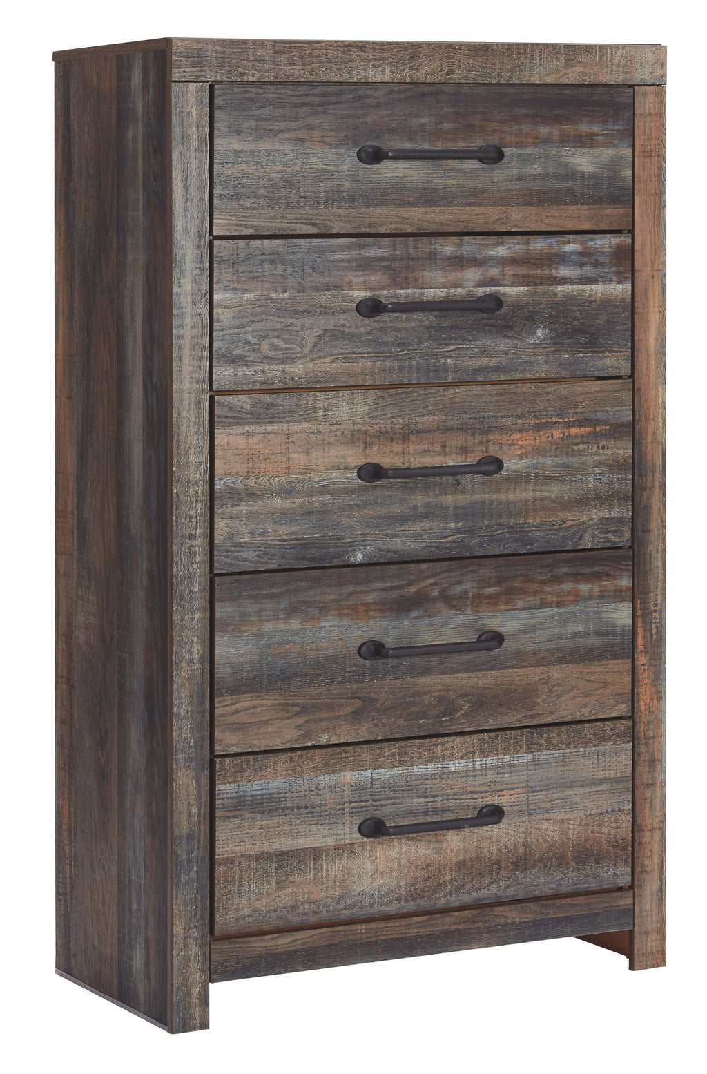 Five-drawer chest with brown and beige wood grain, five pull-out drawers and black handles.