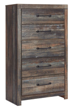 Five-drawer chest with brown and beige wood grain, five pull-out drawers and black handles.