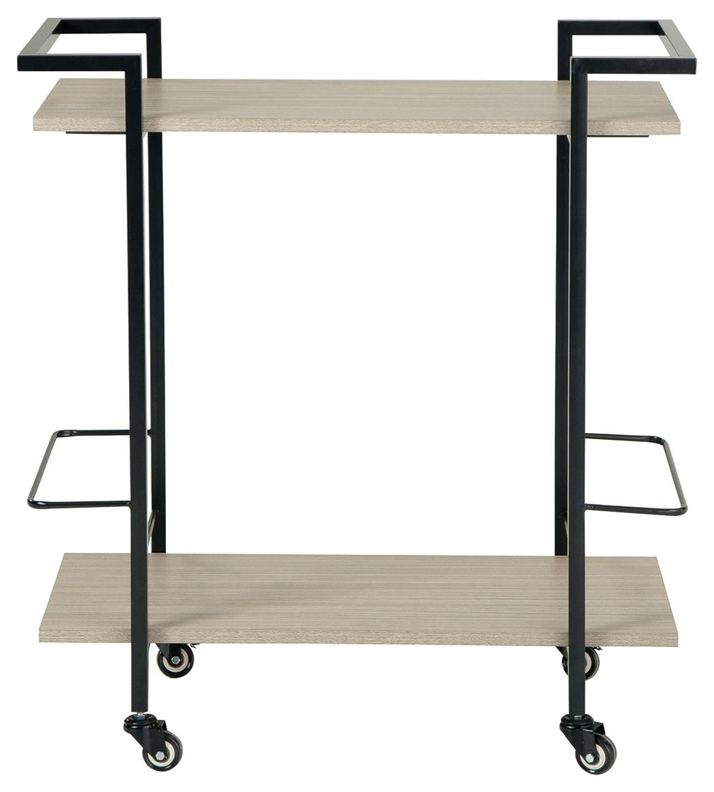 Bar cart with dark brown frame, light wood shelves, side handles, caster wheels