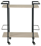 Bar cart with dark brown frame, light wood shelves, side handles, caster wheels