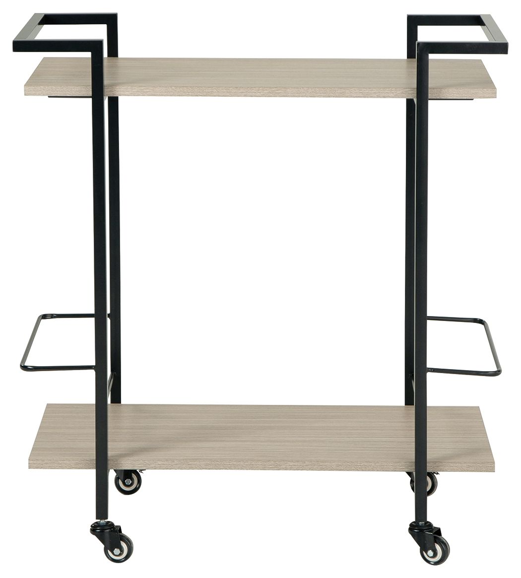 Bar cart with dark brown frame, light wood shelves, side handles, caster wheels