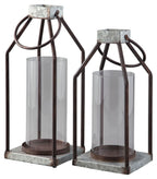 Gray/black metal lantern set with clear glass cylinders and stone-look square bases (2)