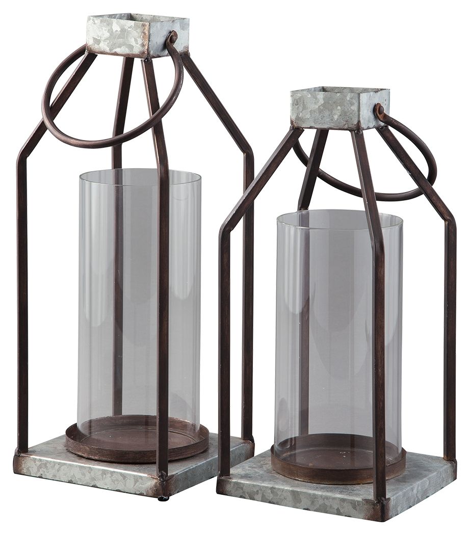 Gray/black metal lantern set with clear glass cylinders and stone-look square bases (2)