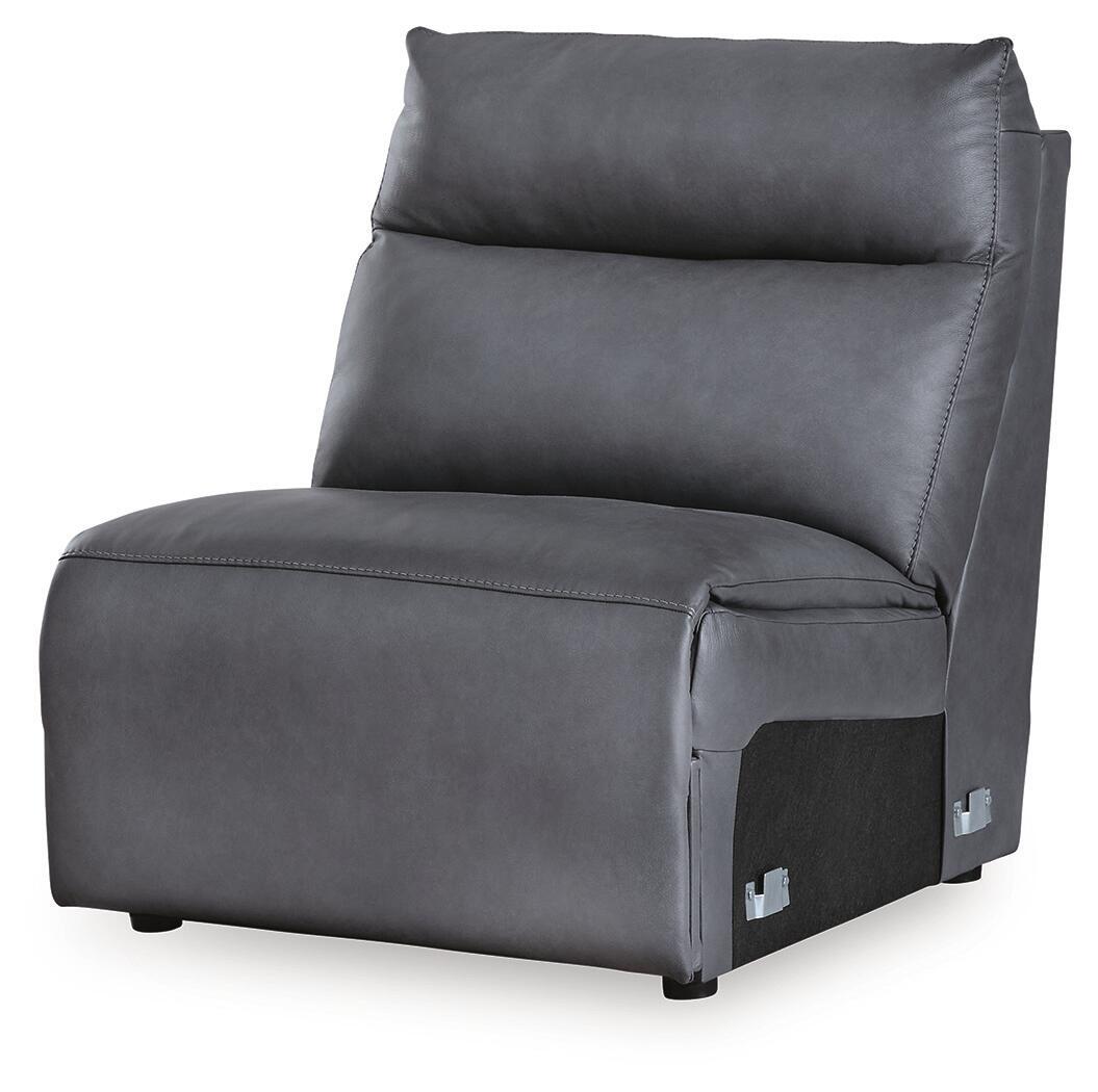 Dark blue armless chair with padded back cushion, stitched seat, and side arm panels