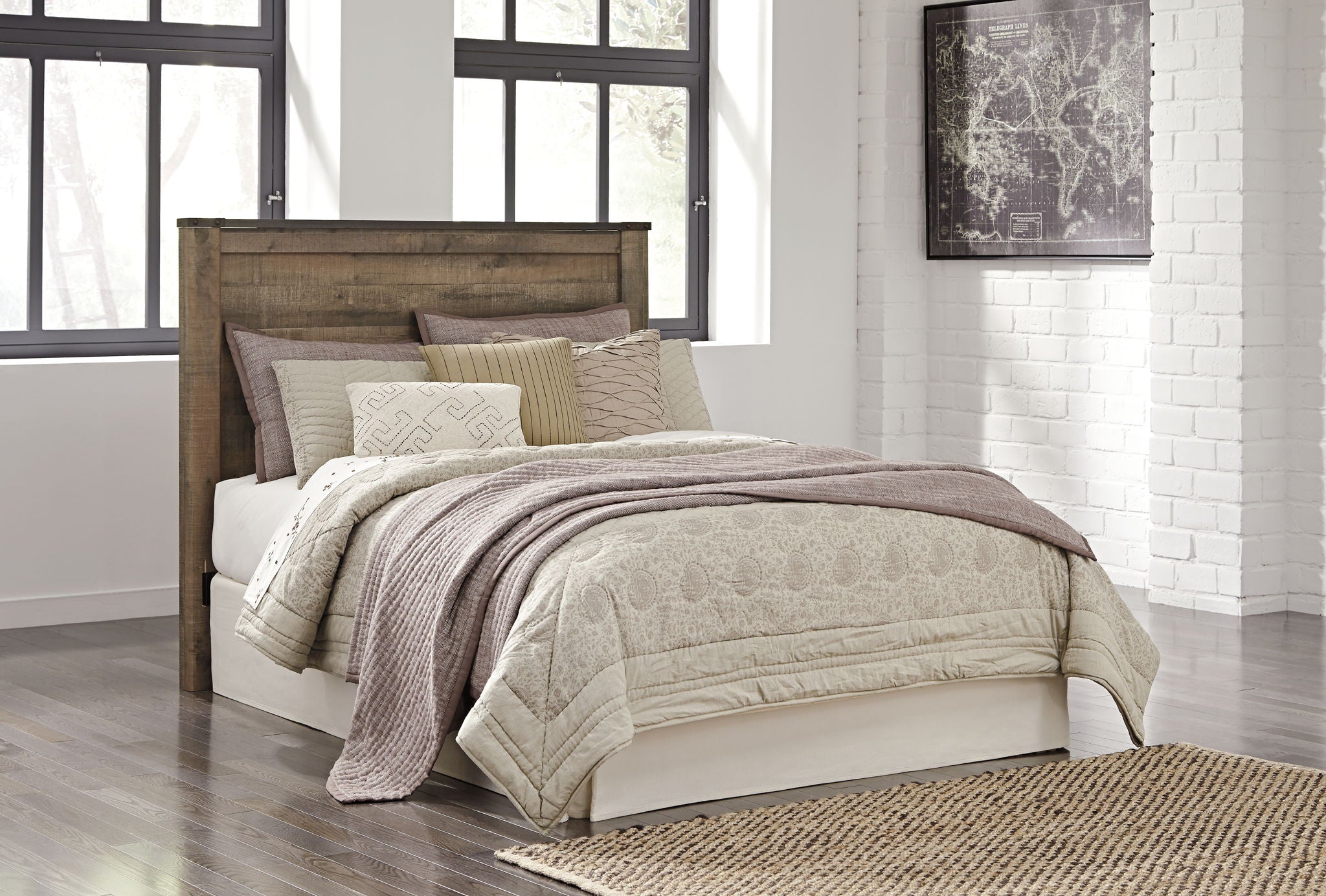 Dark brown panel headboard with tall rectangular panels and flat top for bed.