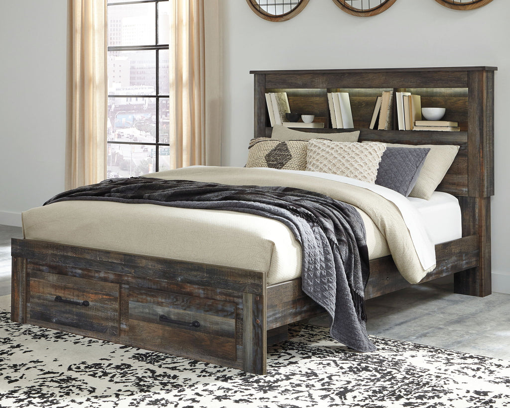 Panel bookcase bed with dark wood frame, white mattress, and front drawer storage