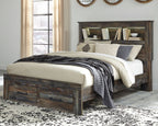 Panel bookcase bed with dark wood frame, white mattress, and front drawer storage