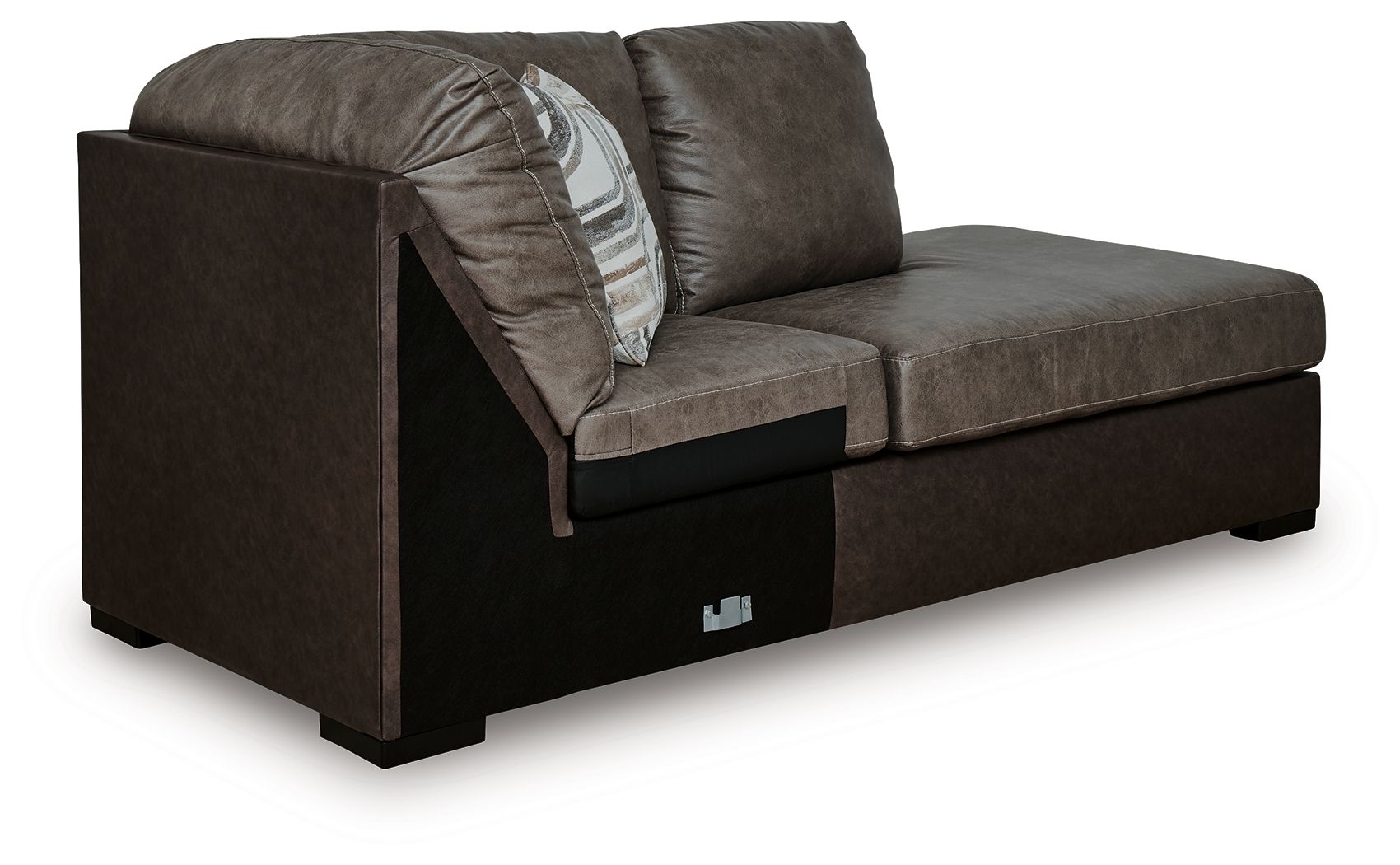 Corner chaise chair in dark brown fabric with removable arm cover and throw pillow.