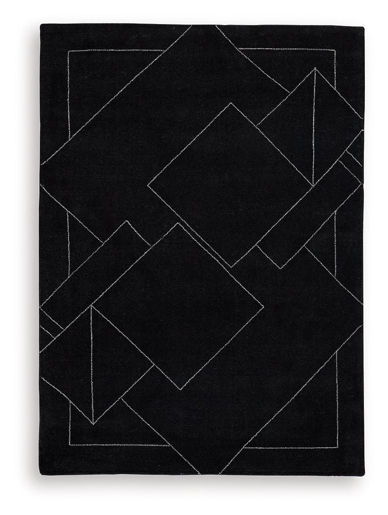 Black rug with white geometric line pattern, overlapping rectangles and diamonds