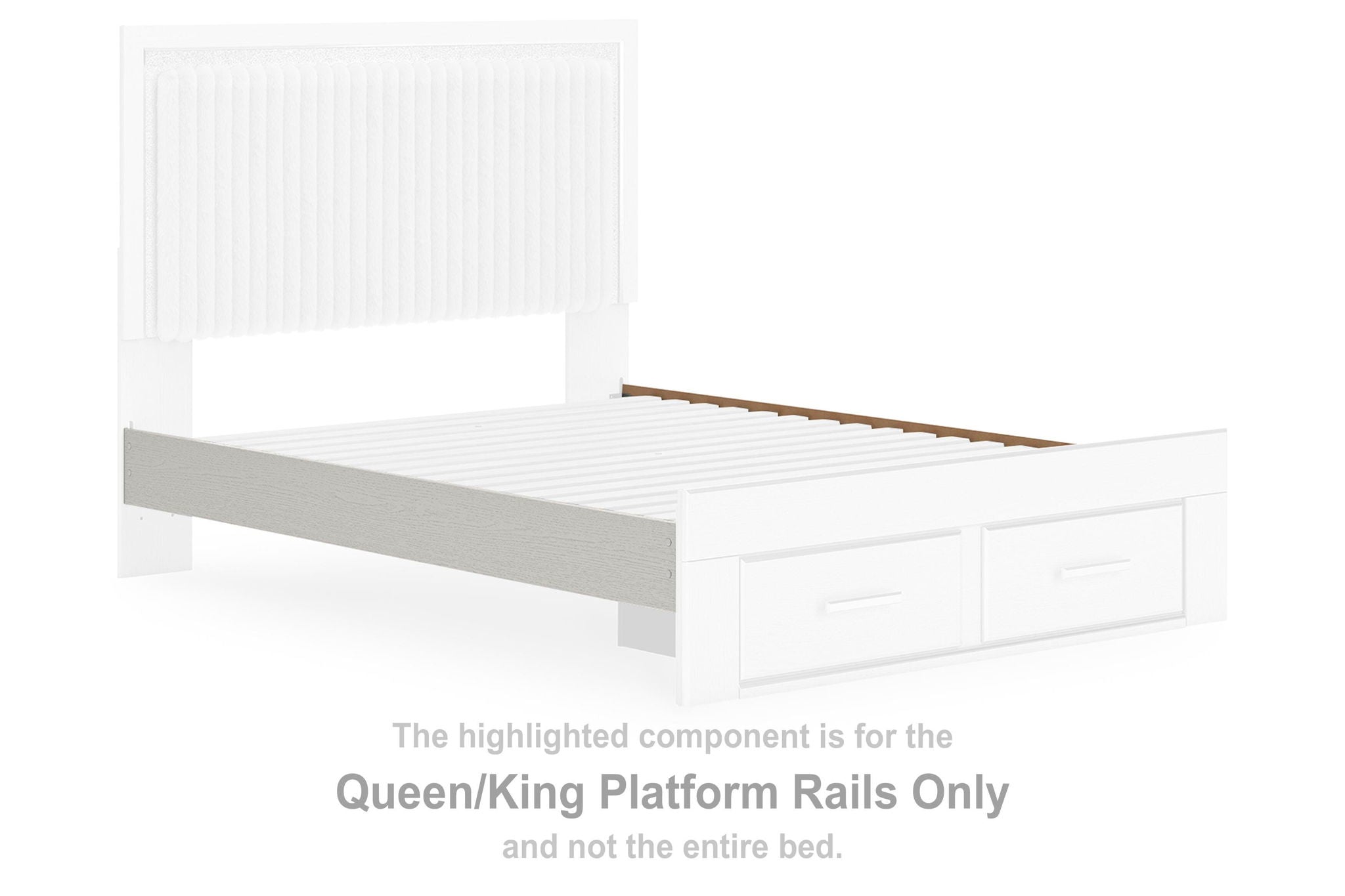 White queen/king platform bed rails, highlighted component with side panels