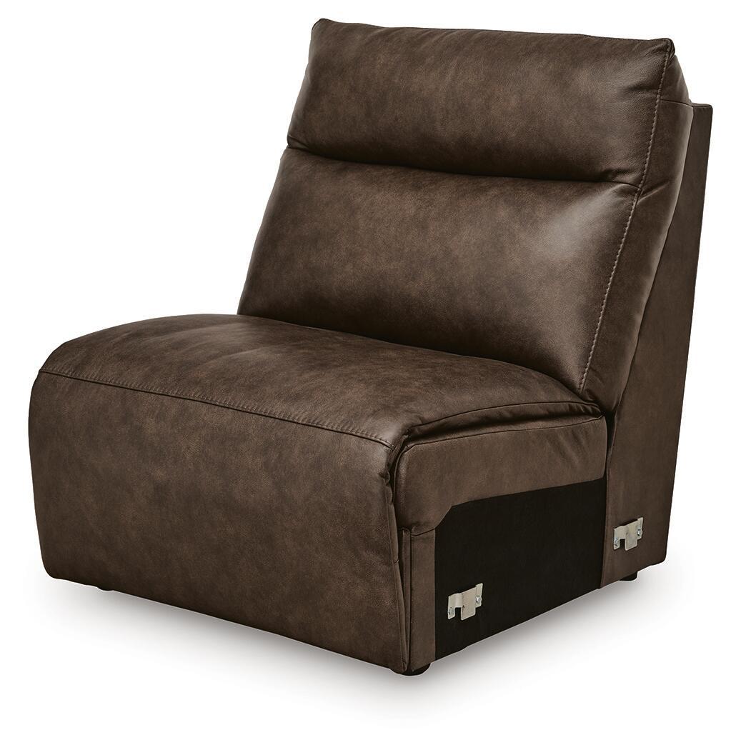 Chocolate-brown armless chair with squared arms, stitched edges, and dark base panels
