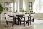 Dining table set with dark grayish-brown rectangular table and six matching upholstered chairs