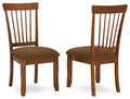 Set of 2 dining side chairs, rustic brown wood, slatted back, padded upholstered seats