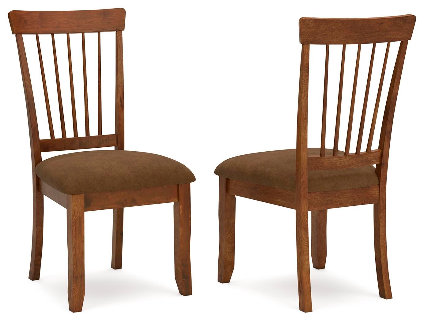 Set of 2 dining side chairs, rustic brown wood, slatted back, padded upholstered seats