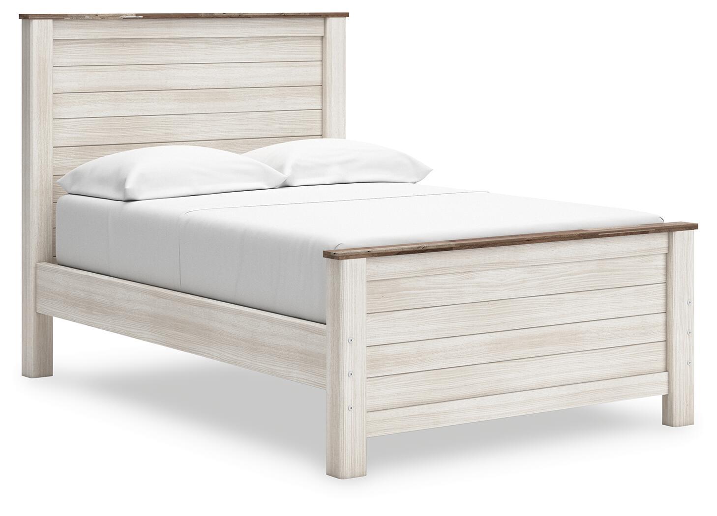 Beige panel bed with solid side rails and slatted headboard, white upholstered pillows