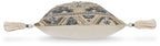 Blue and cream geometric round pillow with white tassel edges