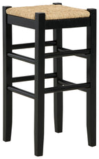 Tall black stool with woven beige seat and three horizontal support bars