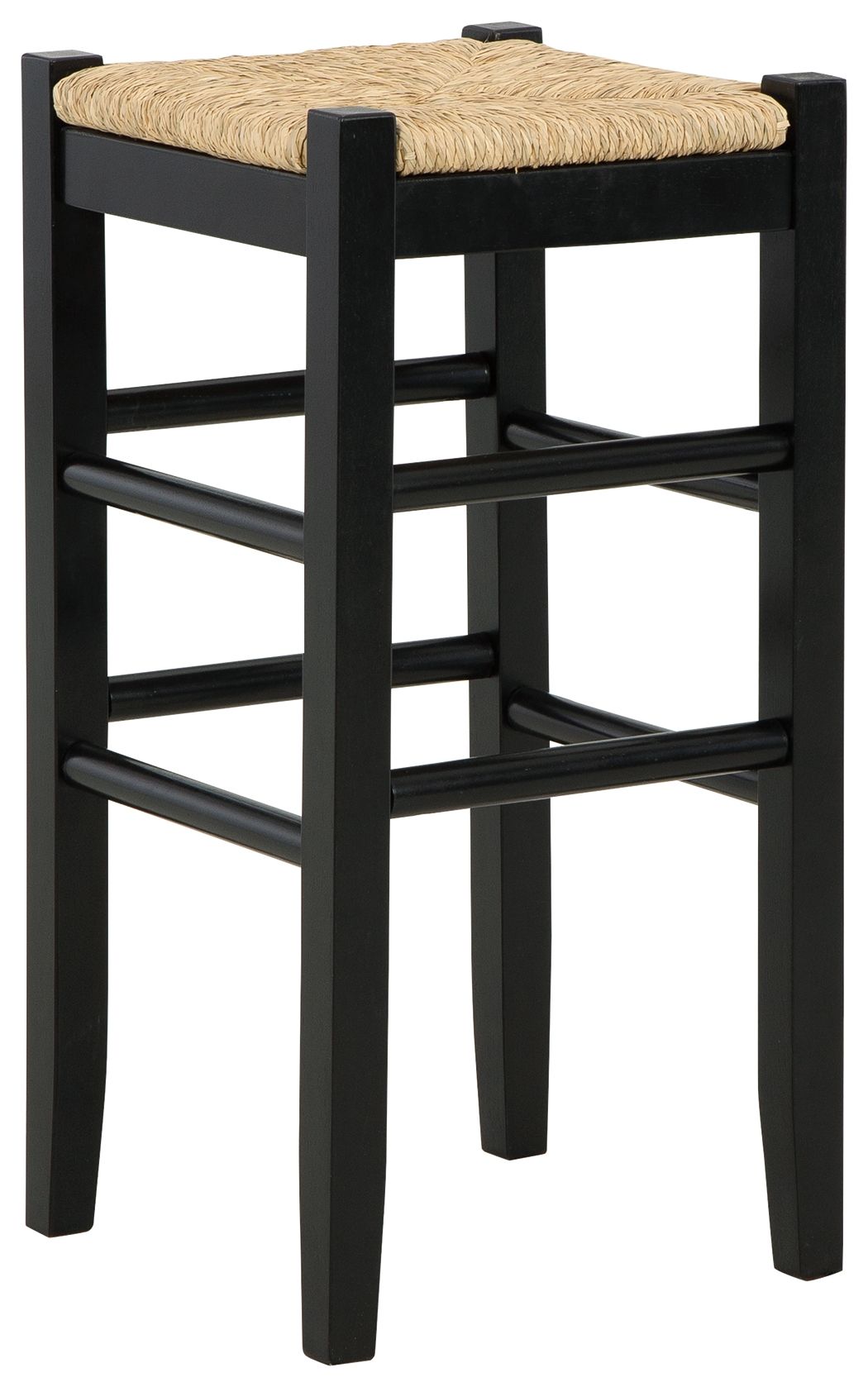 Tall black stool with woven beige seat and three horizontal support bars