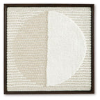 Framed wall decor with tan-and-white textured fabric and a large white half-moon panel