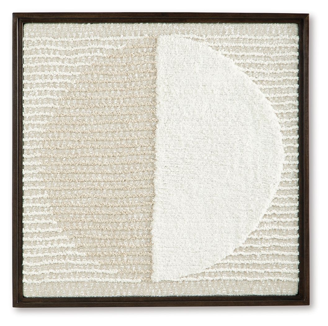 Framed wall decor with tan-and-white textured fabric and a large white half-moon panel