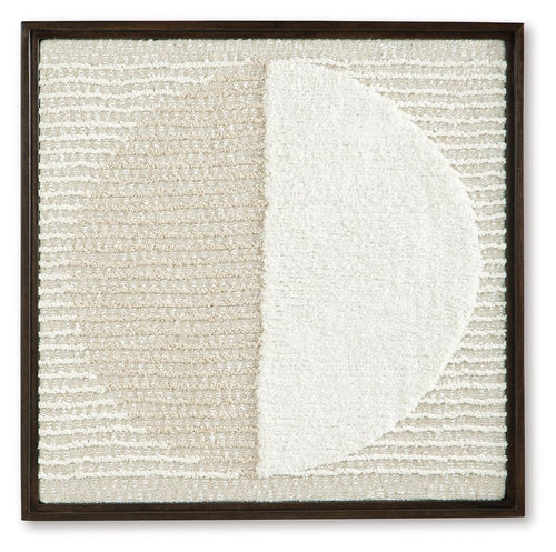 Framed wall decor with tan-and-white textured fabric and a large white half-moon panel