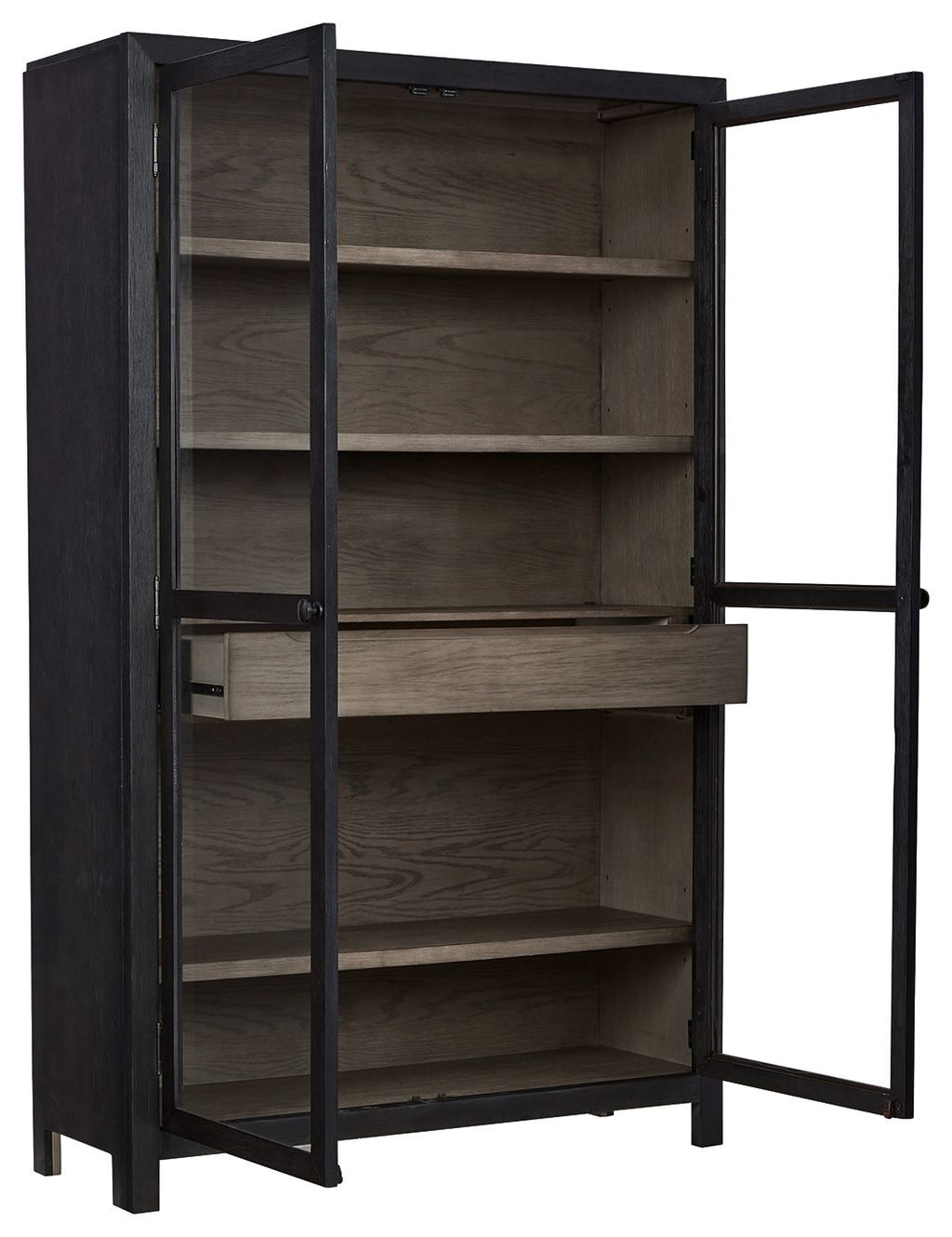 Dark gray accent cabinet with two doors open, multiple interior shelves