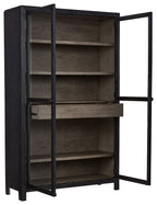 Dark gray accent cabinet with two doors open, multiple interior shelves
