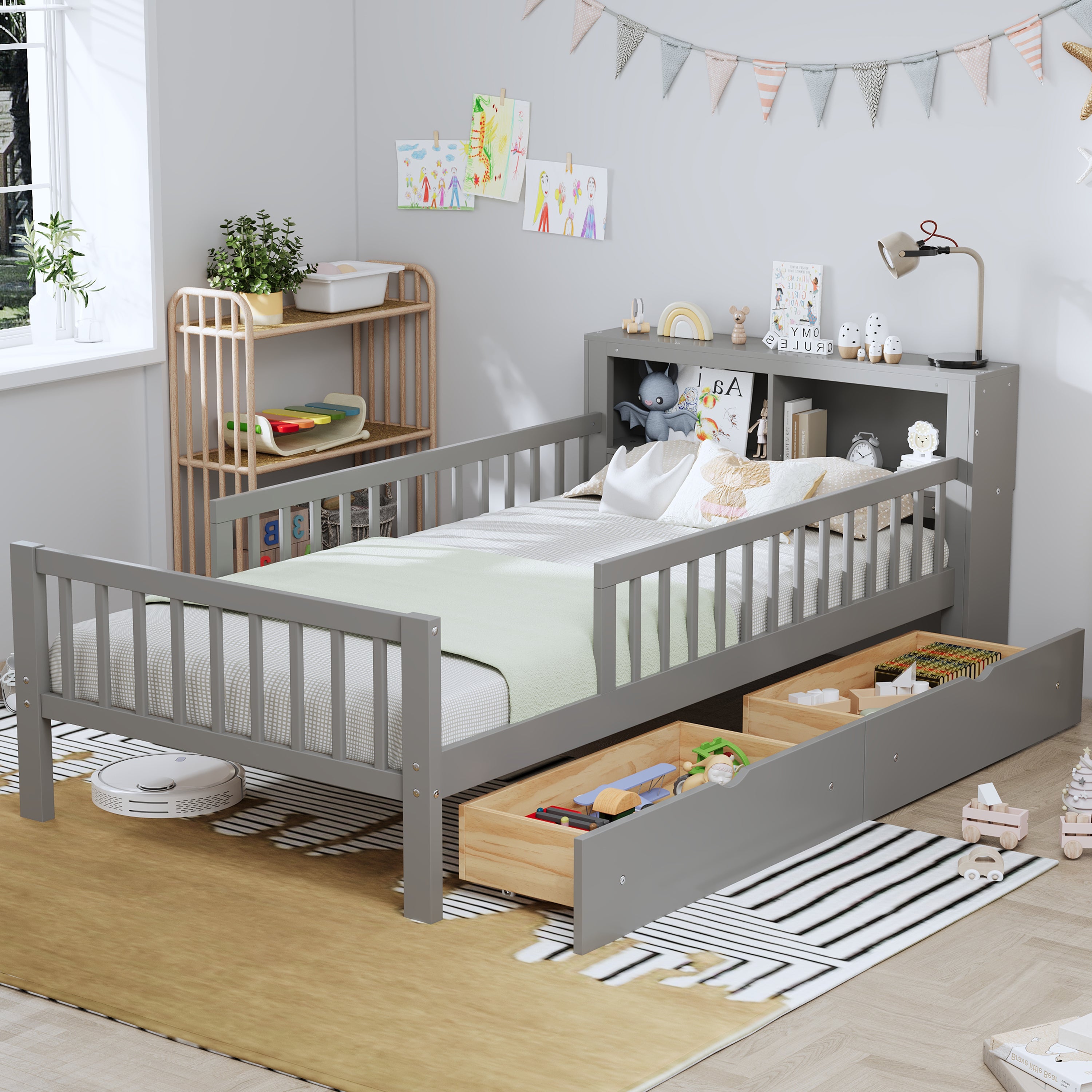 Gray Twin Bed: Headboard Storage, Under-Bed Drawers, 3-Side Guardrails