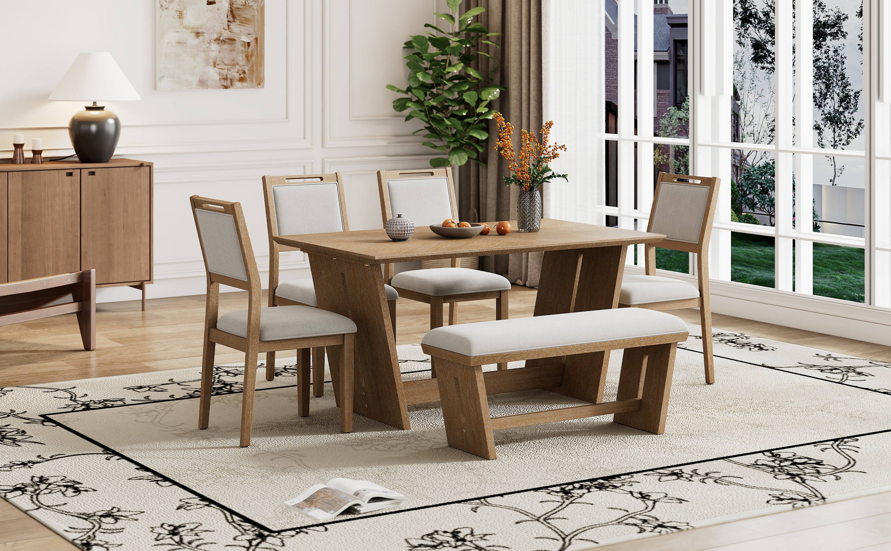 6-Pc Retro Dining Set w/ Bench - Natural Wood