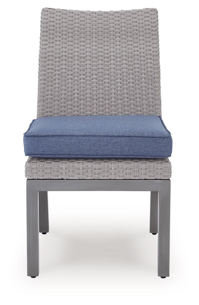 Outdoor side chair with gray woven back and blue seat cushion on gray frame