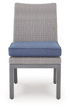 Outdoor side chair with gray woven back and blue seat cushion on gray frame