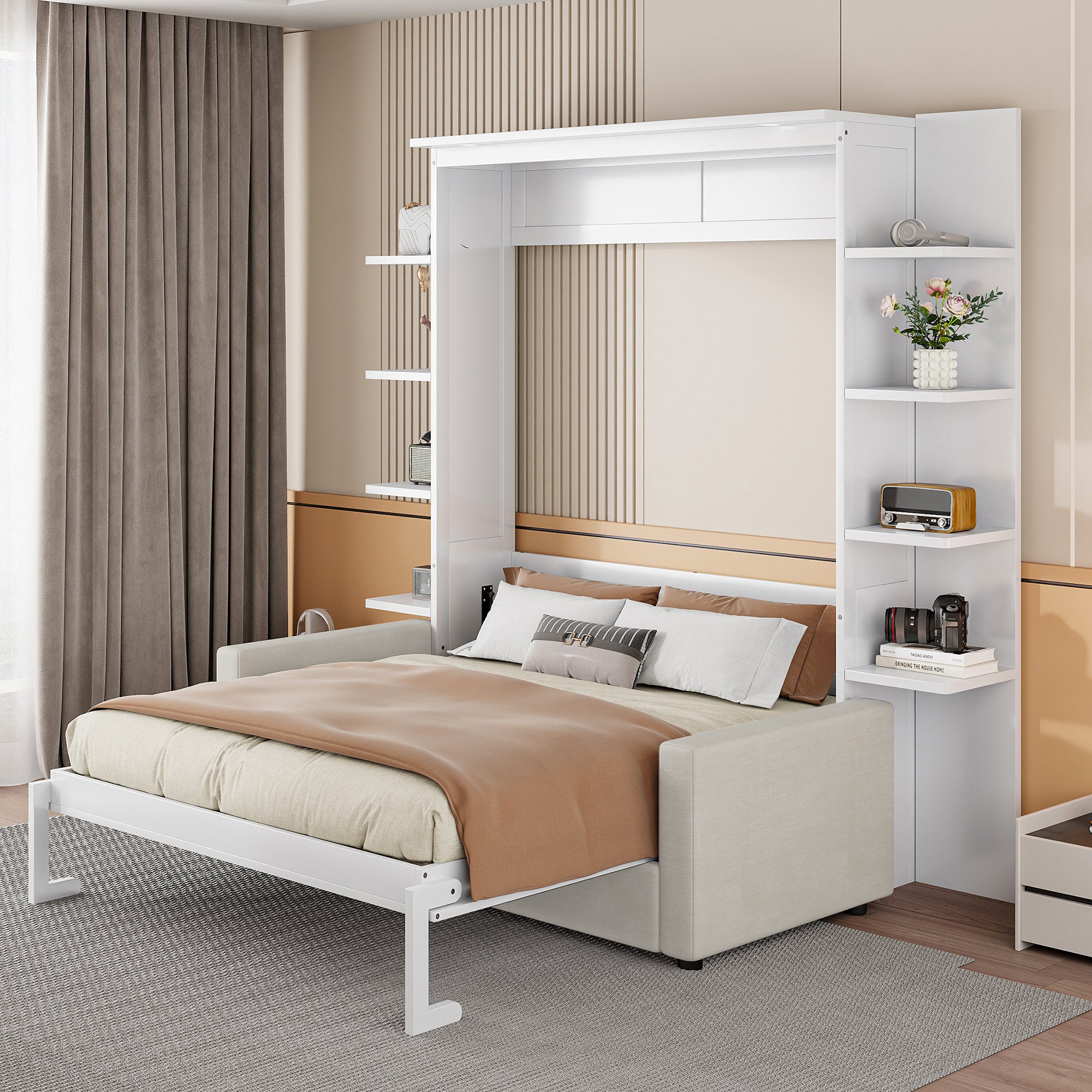 White Queen Murphy Bed Wall Bed with Sofa - Space Saving Furniture