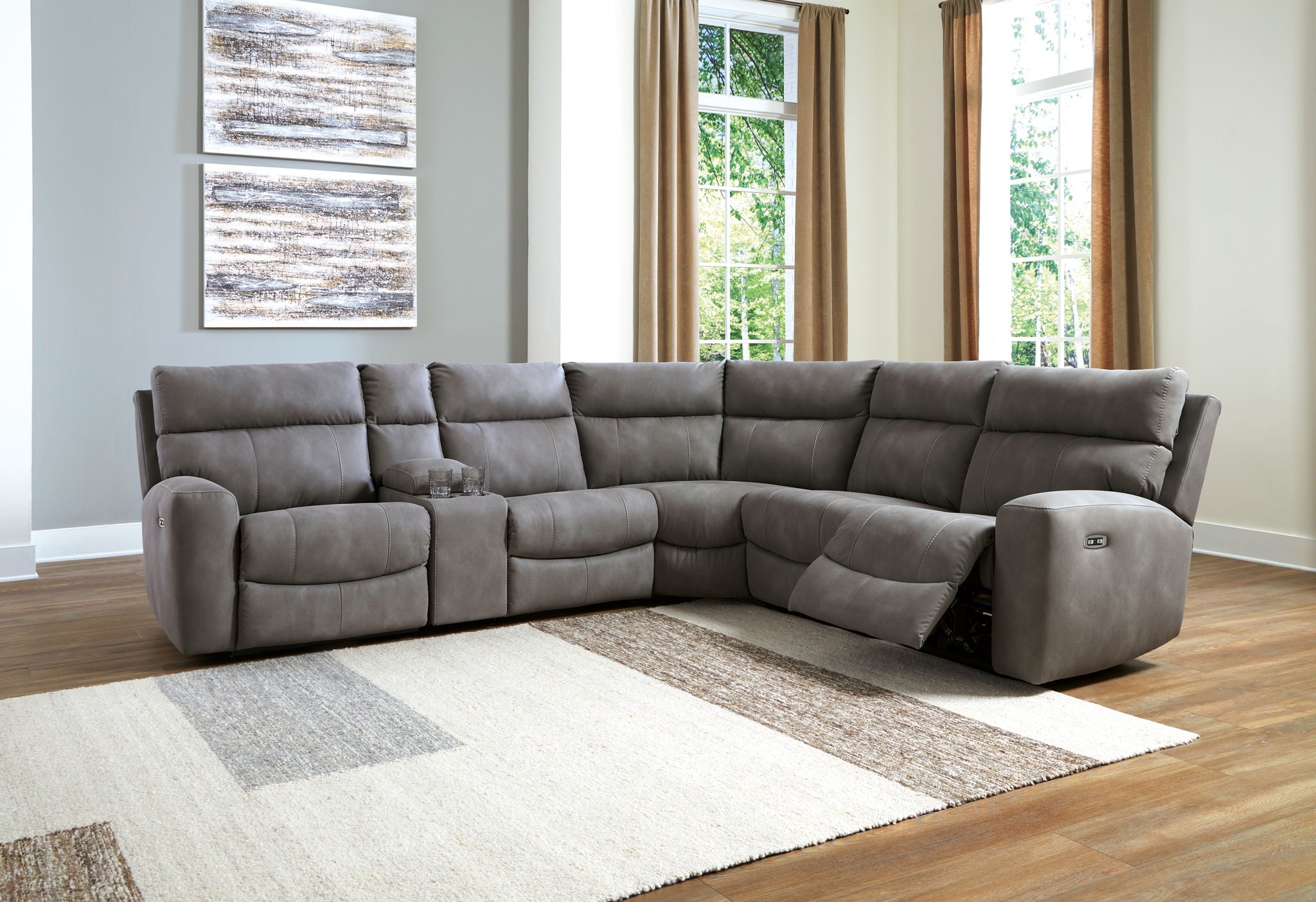 Dark gray power reclining sectional sofa with corner chaise and side recliner sections