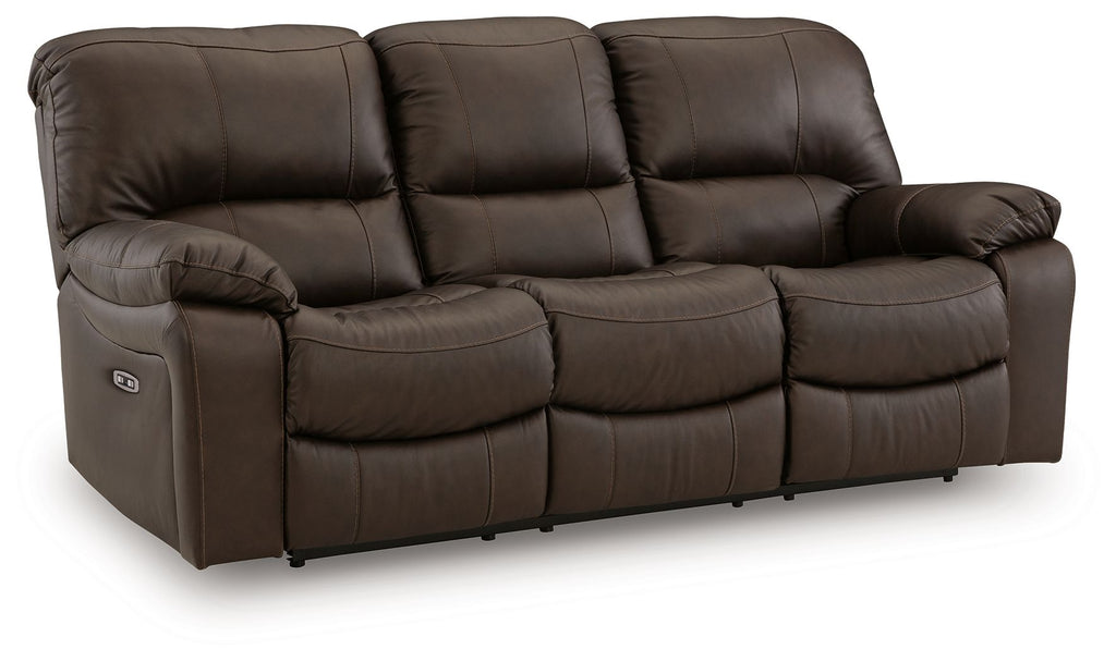 Dark brown reclining sofa with cushioned split-back design and padded armrests