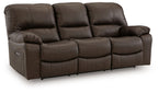 Dark brown reclining sofa with cushioned split-back design and padded armrests